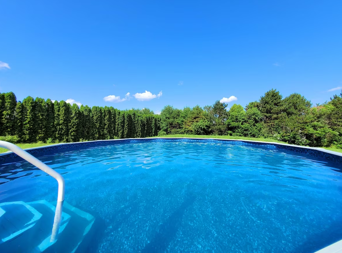 A large swimming pool surrounded by trees on a sunny day