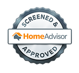 HomeAdvisor screened and approved badge logo in gray, black, white, orange, and blue