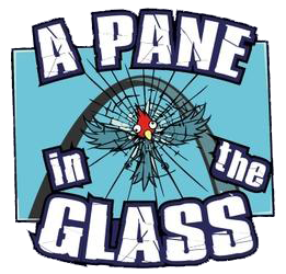 Text logo reading &ldquo;A Pane in the Glass&rdquo; over a cracked glass pane with a small red figure at center