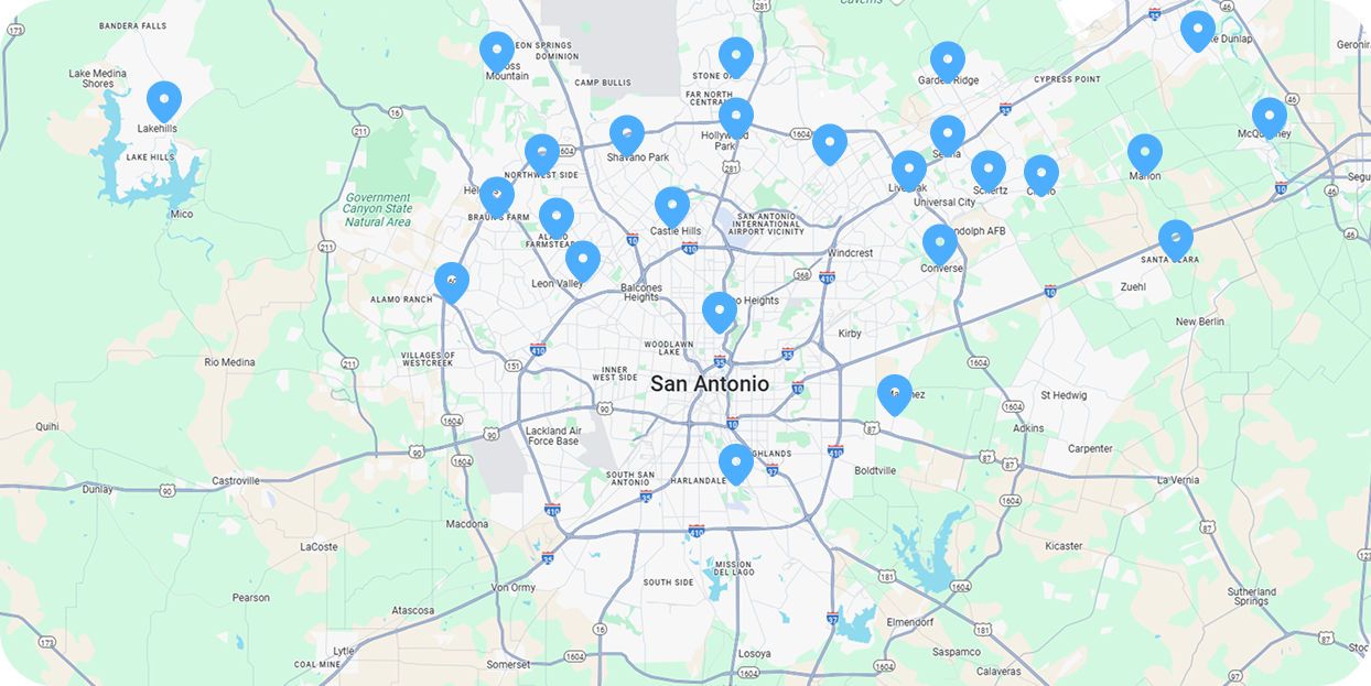 Map with blue location markers.