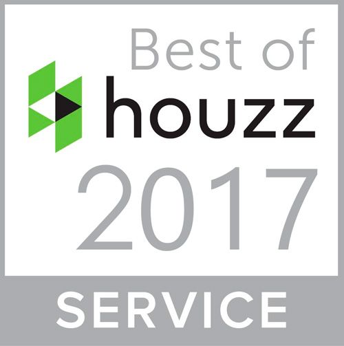 Houzz Best of Service 2023 award badge, golden yellow with white house logo, black text.