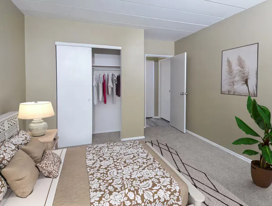Bright bedroom with beige decor, open closet, bed, lamp, rug, and potted plant on the right.