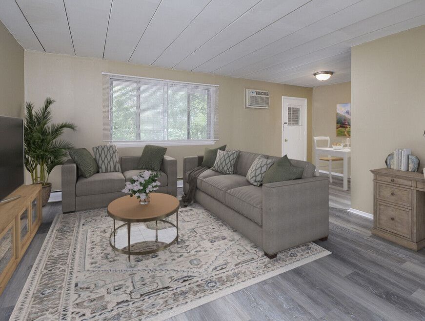 Bright living room with gray sofas, patterned rug, round coffee table, and large window.