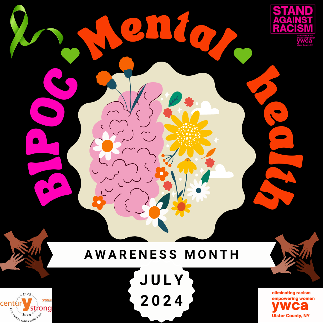 BIPOC Mental Health Awareness Month graphic: pink brain with flowers, 