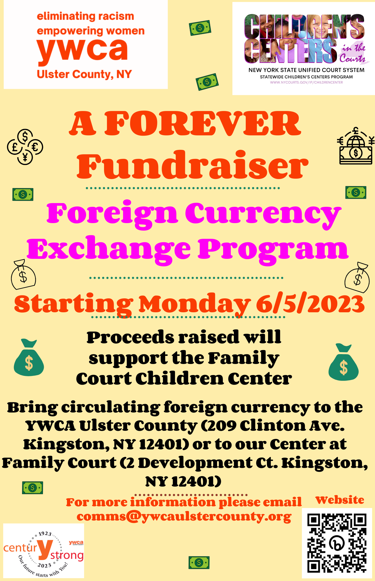 Flyer for a foreign currency fundraiser, starting June 5, 2023, to support the Family Court Children Center in Ulster County, NY.