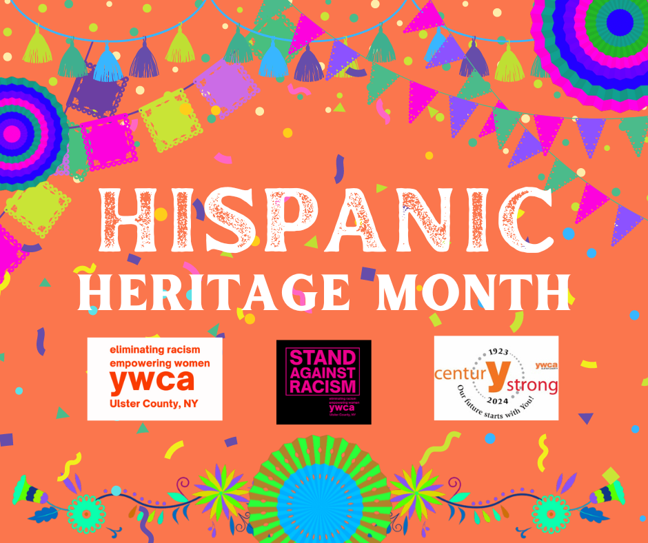 Hispanic Heritage Month graphic with text and logos on an orange background.