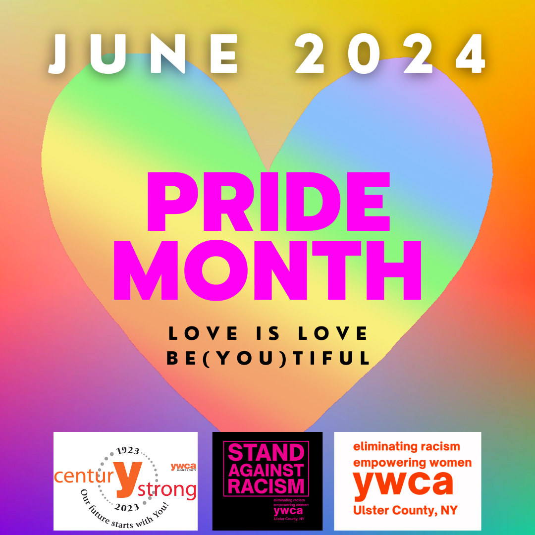 Pride Month graphic: heart-shaped rainbow, text 