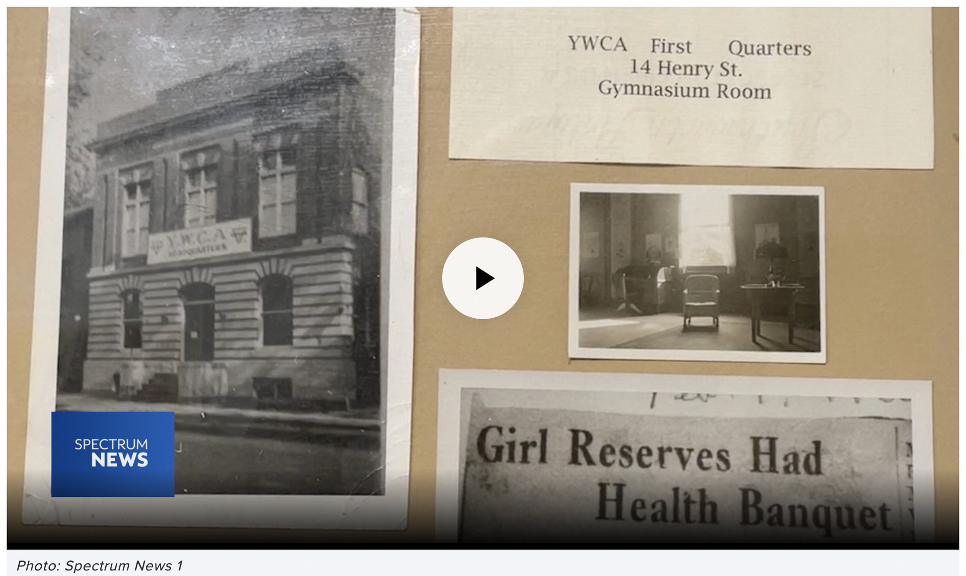 Black and white photos of YMCA building, a room, and a newspaper clipping.