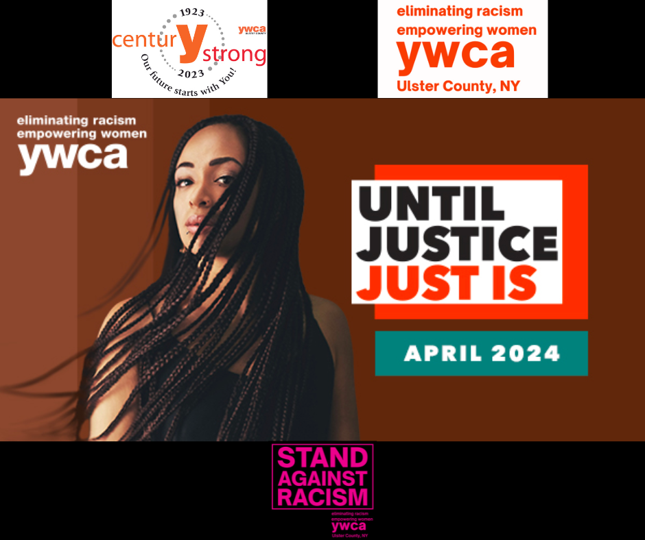 YWCA poster: Young woman, braids, dark background. Text 