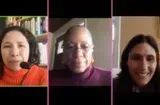 Three women in separate video call screens, each with a unique background and expression.