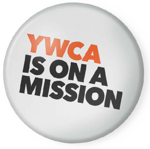 YWCA button with orange and black text: