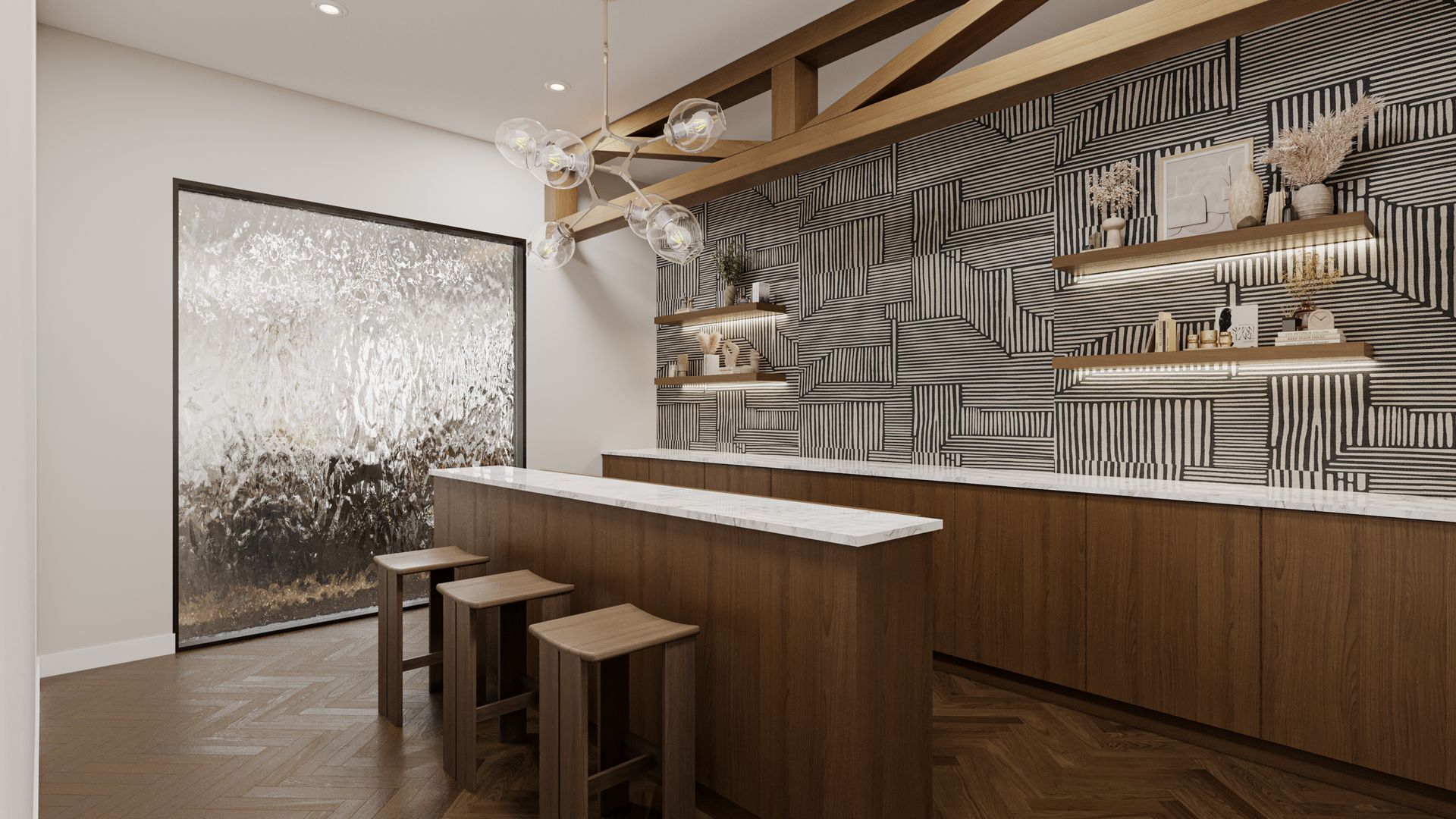 Interior with a bar, stools, and patterned wall, illuminated by a chandelier and overhead lighting.