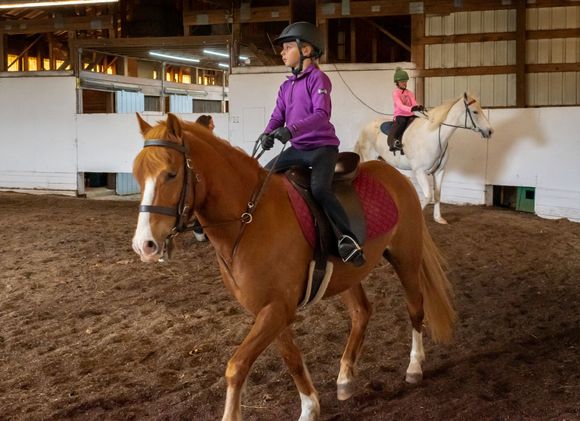 3 Riding Instructors standing next to a white horse smiling and laughing
