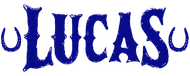 Lucas Logo in blue with horseshoes on each end