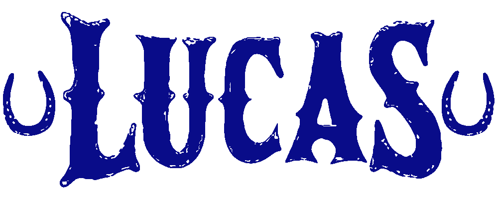 Lucas Logo in blue with horseshoes on each end