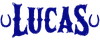Lucas Logo in blue with horseshoes on each end