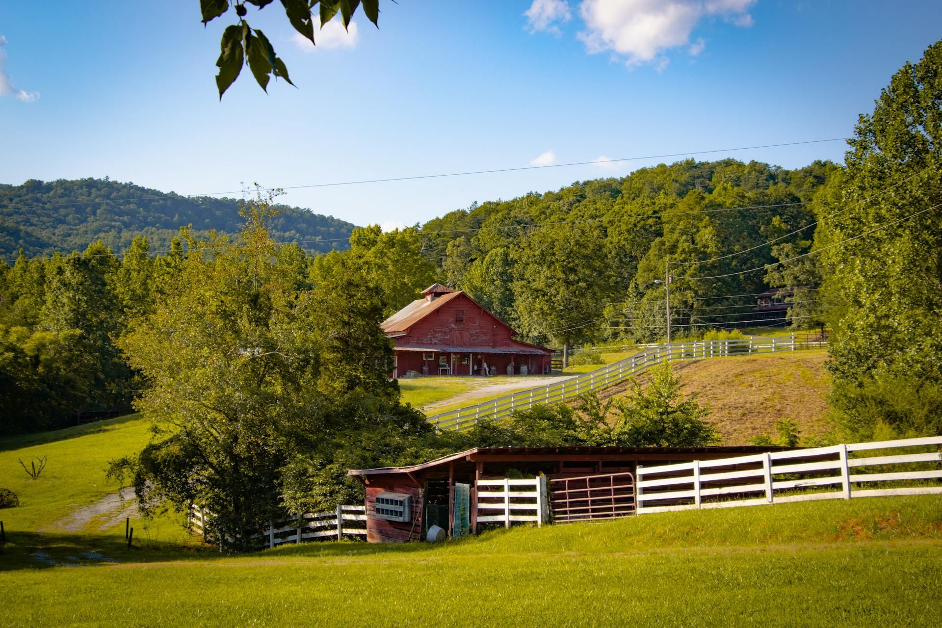 Red barn in a green field, white fence, trees, and rolling hills under a bright blue sky.