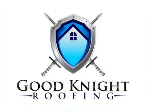 A logo for good knight roofing with a shield and crossed swords