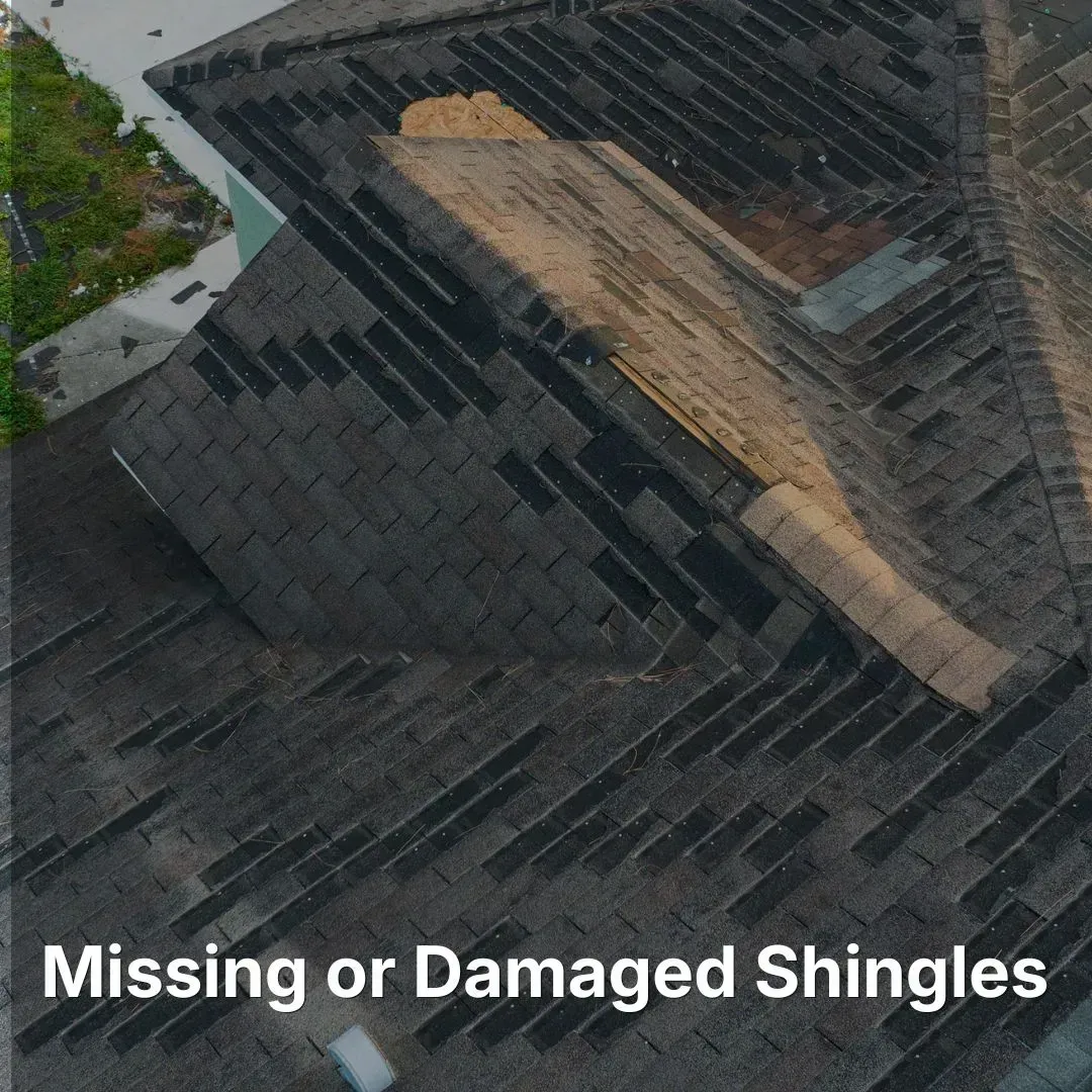 Missing or damaged shingles on roof