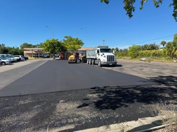 Asphalt paving a parking lot; a dump truck, steam roller, and workers are present under a clear sky.