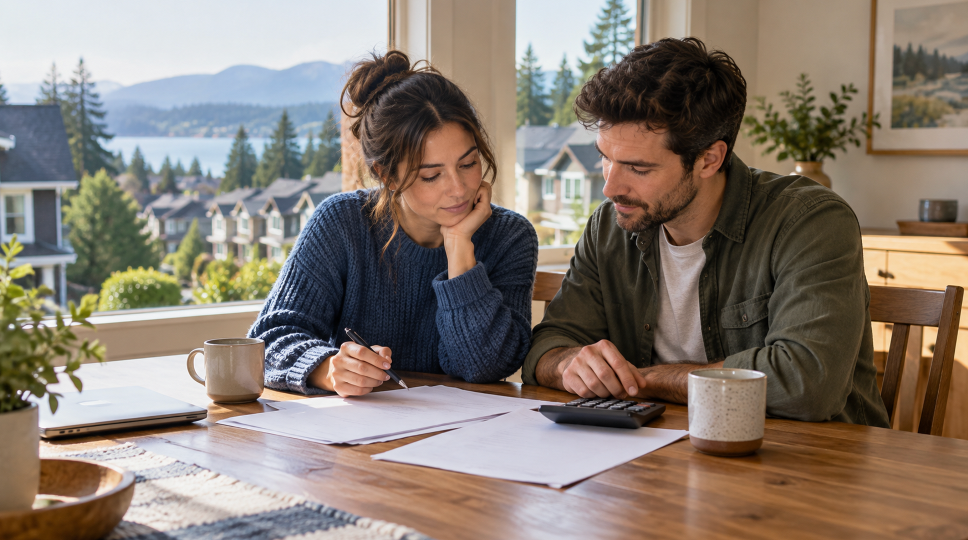 Two homebuyers reviewing purchase paperwork and a calculator at their dining table.