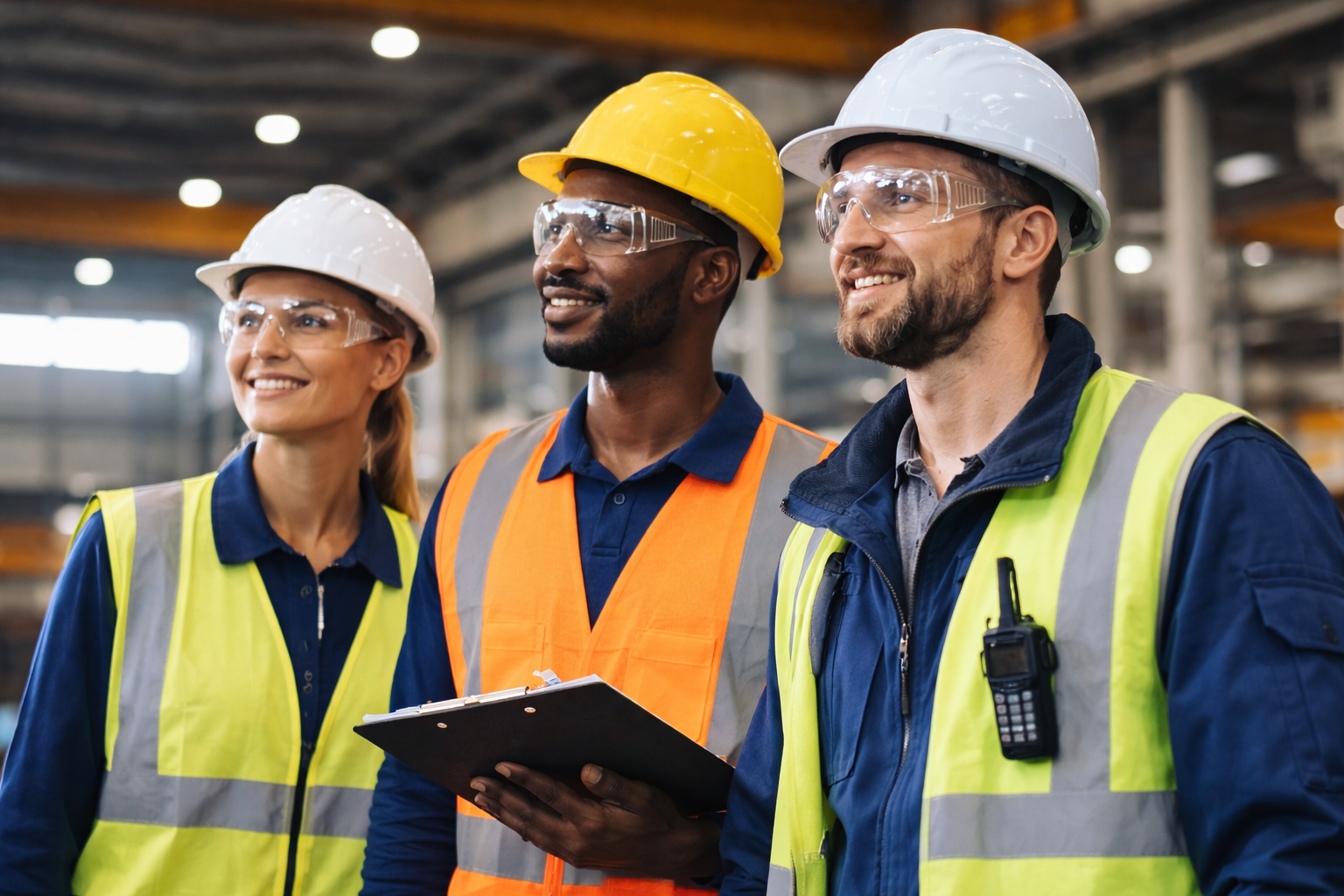 Temporary workers wearing PPE during a safety briefing in a warehouse environment