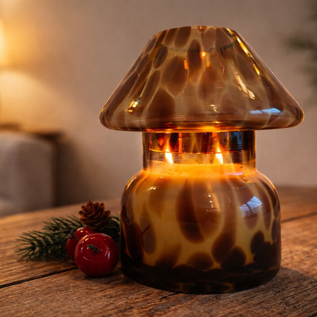 Een amberkleurige glazen paddenstoellamp gloeit op een tafel met dennentakjes en rode bessen.