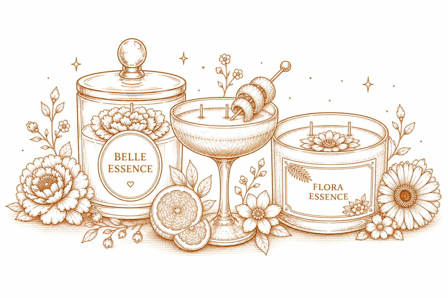 Schets van parfum-, cocktail- en kaarsenpotjes met bloemen in warme sepiatinten.