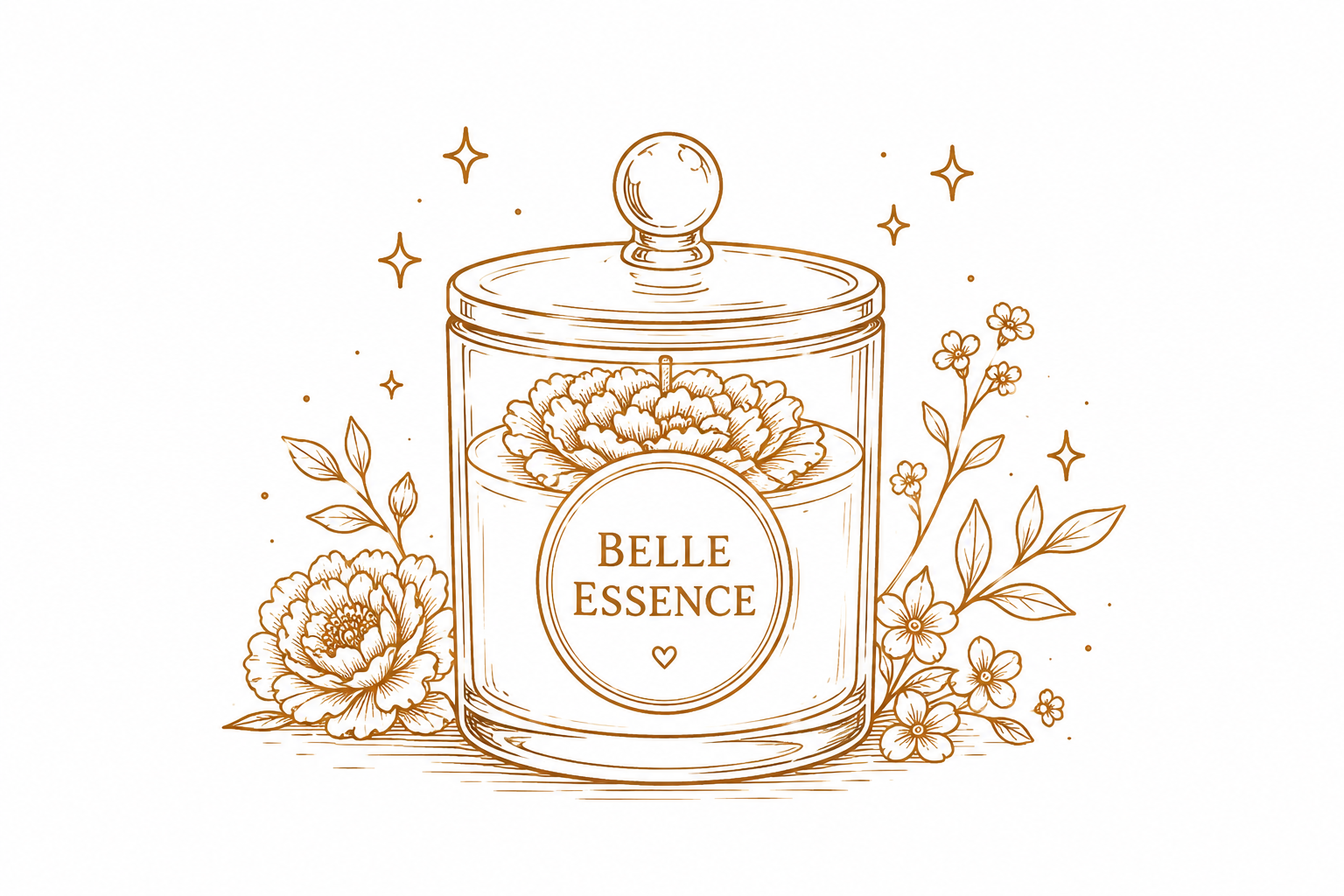 Een elegant parfumflesje met lijntekening, opschrift 