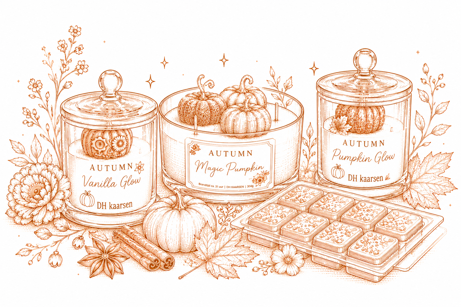 Sepia herfststilleven met drie kaarsenhouders, gedroogde bladeren, dennenappels en opgestapelde boeken.