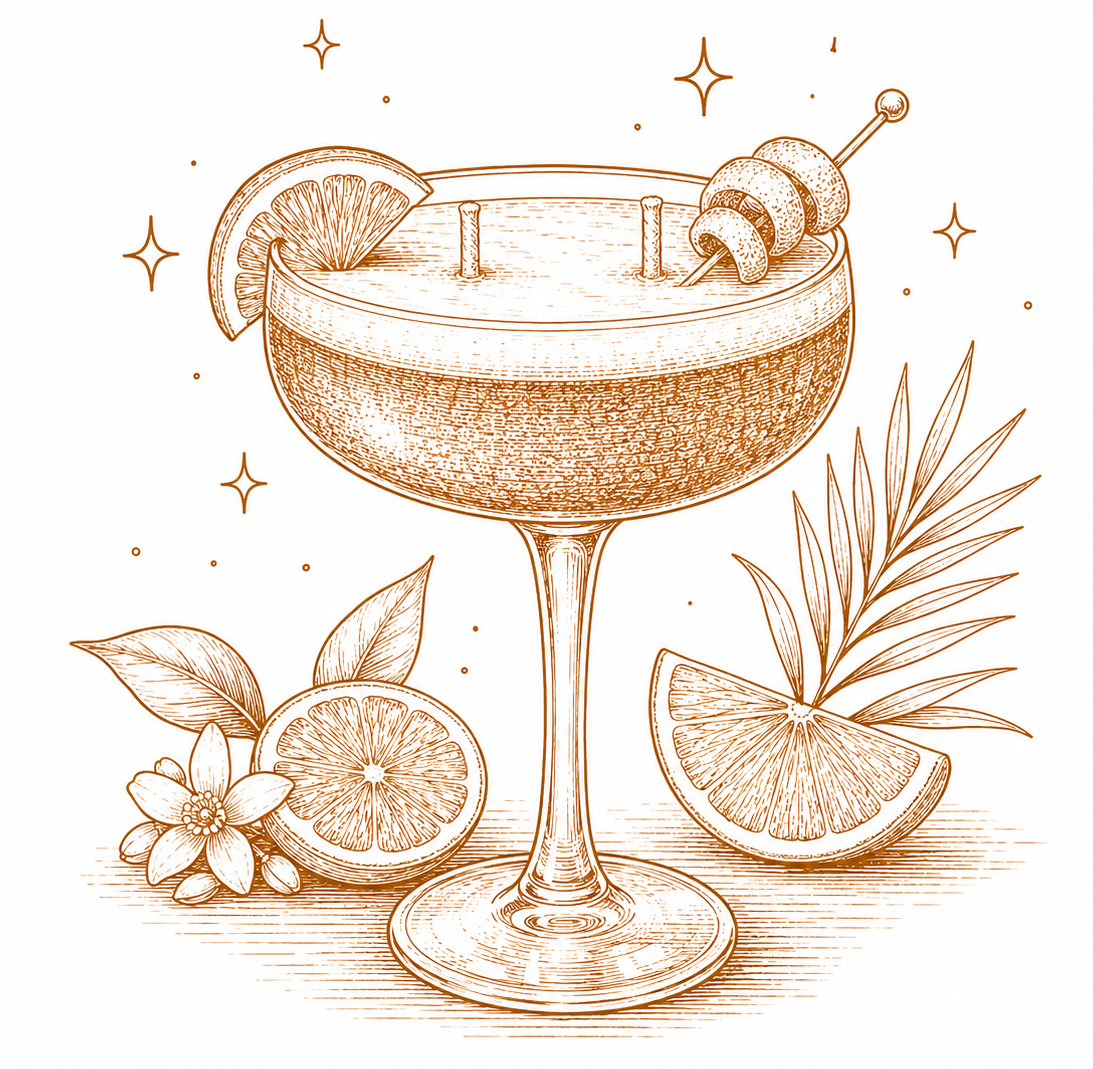 Koperkleurig cocktailglas met schijfjes citrusvruchten en tropische bladeren, gegarneerd met een roerstaafje en decoratieve sterren.