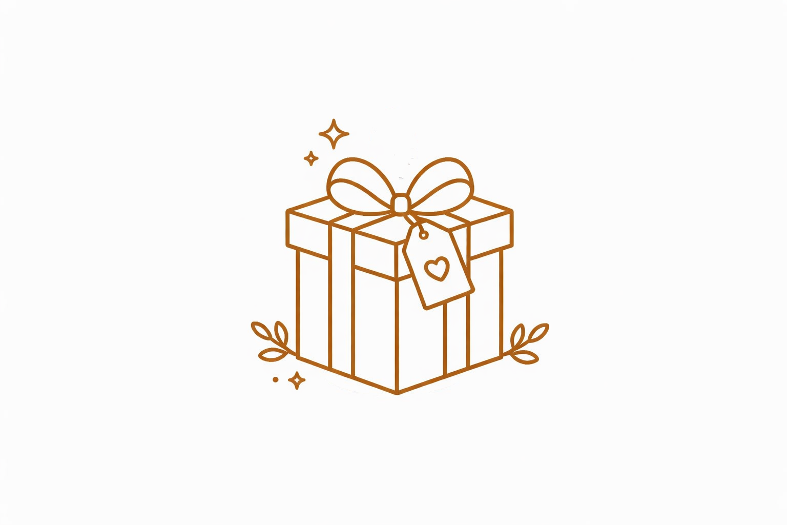 Gouden geschenkdoos met lijntekening, lint en strik, versierd met kleine glittertjes en blaadjes.