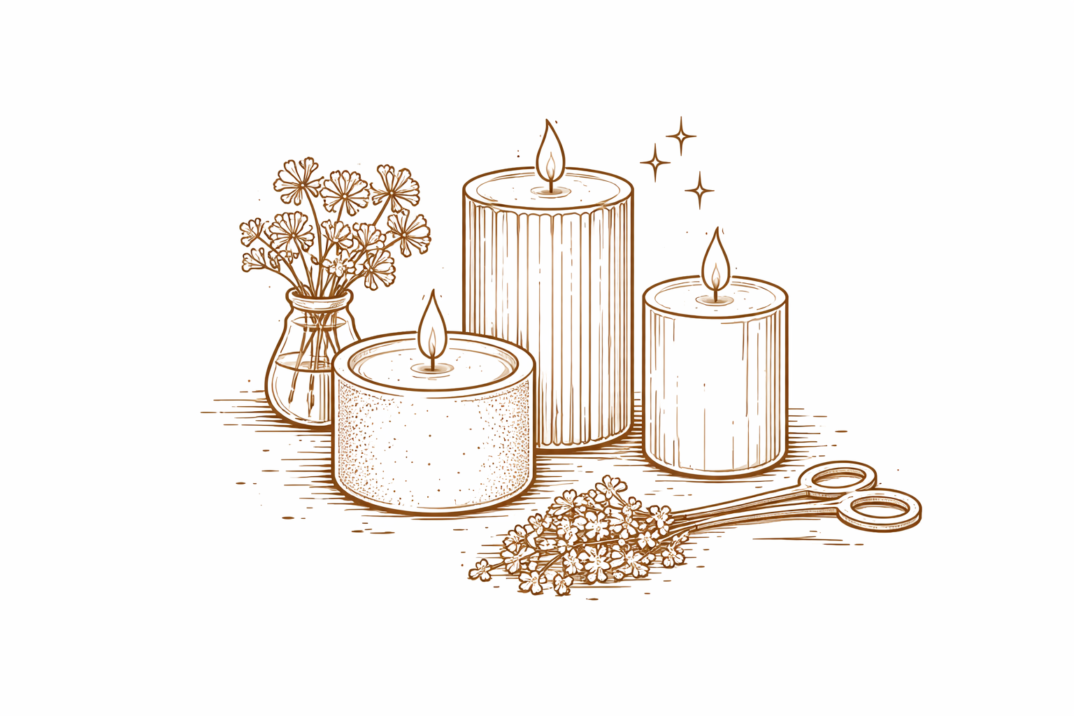 Drie brandende kaarsen, een klein vaasje met bloemen en wat verspreide specerijen, weergegeven in een warme, schetsmatige stijl.