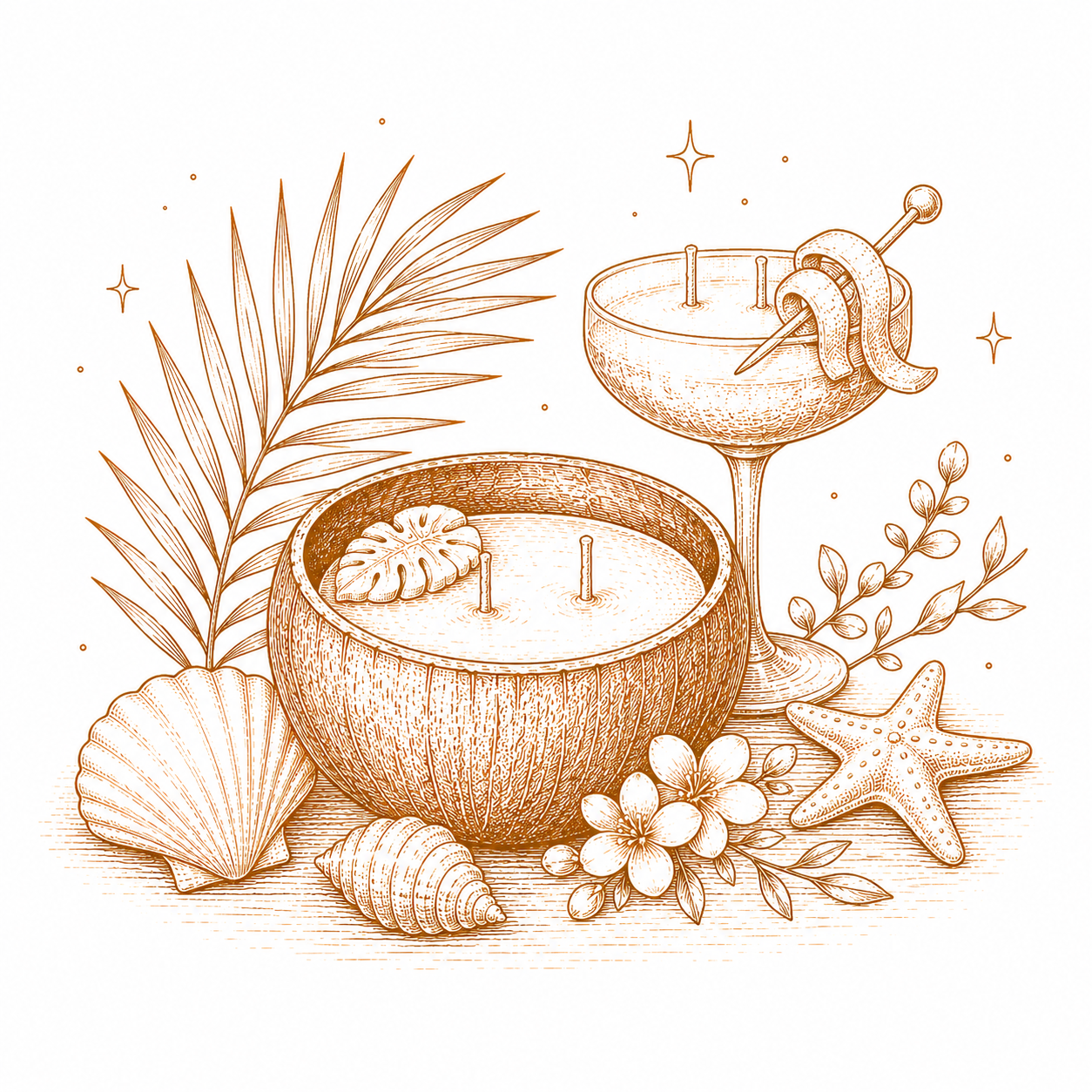 Sepia botanische illustratie van een geurkaars met schelpen, palmbladeren, bessen en een margaritaglas.