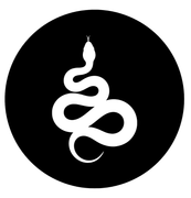 White snake-like emblem on a black circle background