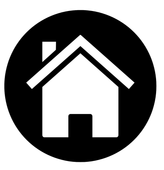 White house icon inside a black circle, with a chimney and doorway