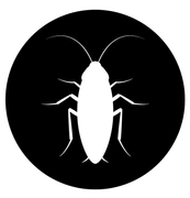 White cockroach silhouette on a black circle background