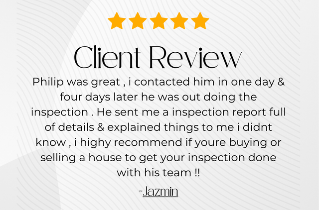 Five-star client review quote praising fast response, inspection help, and recommending the team