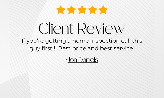 5-star client review graphic with testimonial text and a gray patterned background
