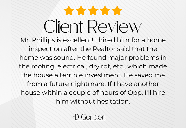 Five-star client review praising a home inspector for finding major roofing, electrical, and HVAC issues