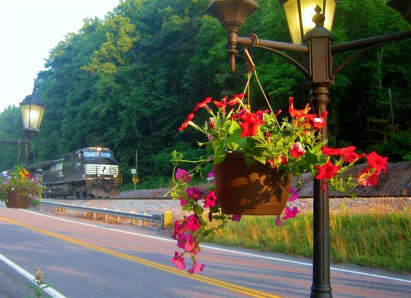 A train is going down the tracks behind a street light with flowers hanging from it