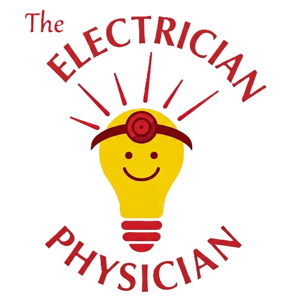 Logo with smiling yellow lightbulb in a red headband, surrounded by the words &ldquo;The Electrician Physician.&rdquo;