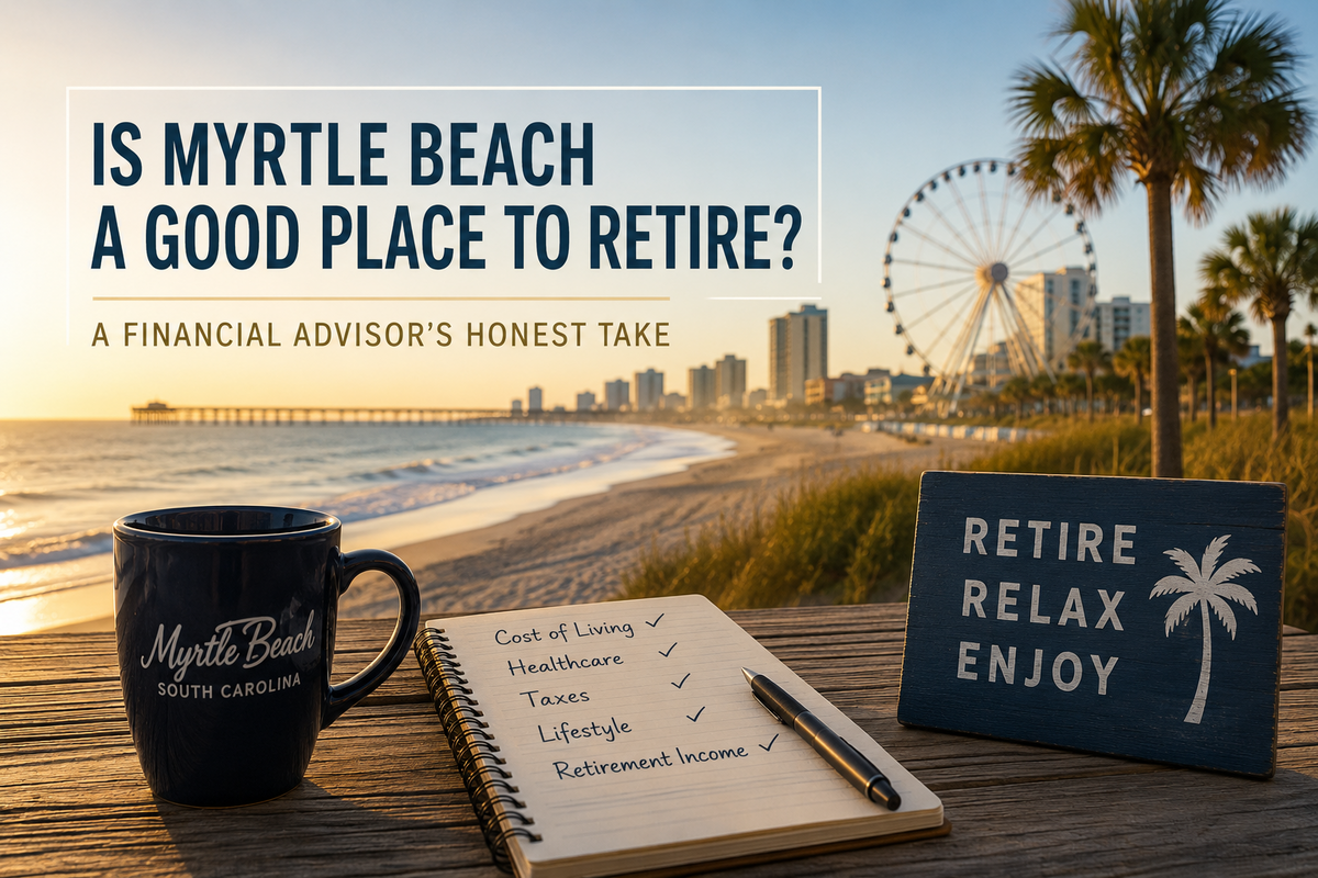 Myrtle Beach sunrise scene with coffee mug, notebook, and sign reading “Retire Relax Enjoy” on the boardwalk.
