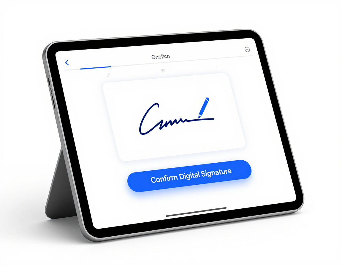 Tablet showing a digital signature screen with a blue signature and “Confirm Your Signature” button