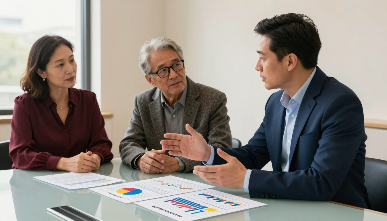 Financial planner explaining a retirement income strategy to a mature couple