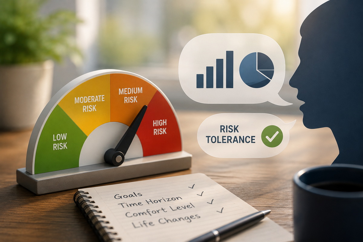Risk tolerance chart with green-to-red gauge, icons, and a notebook on a desk