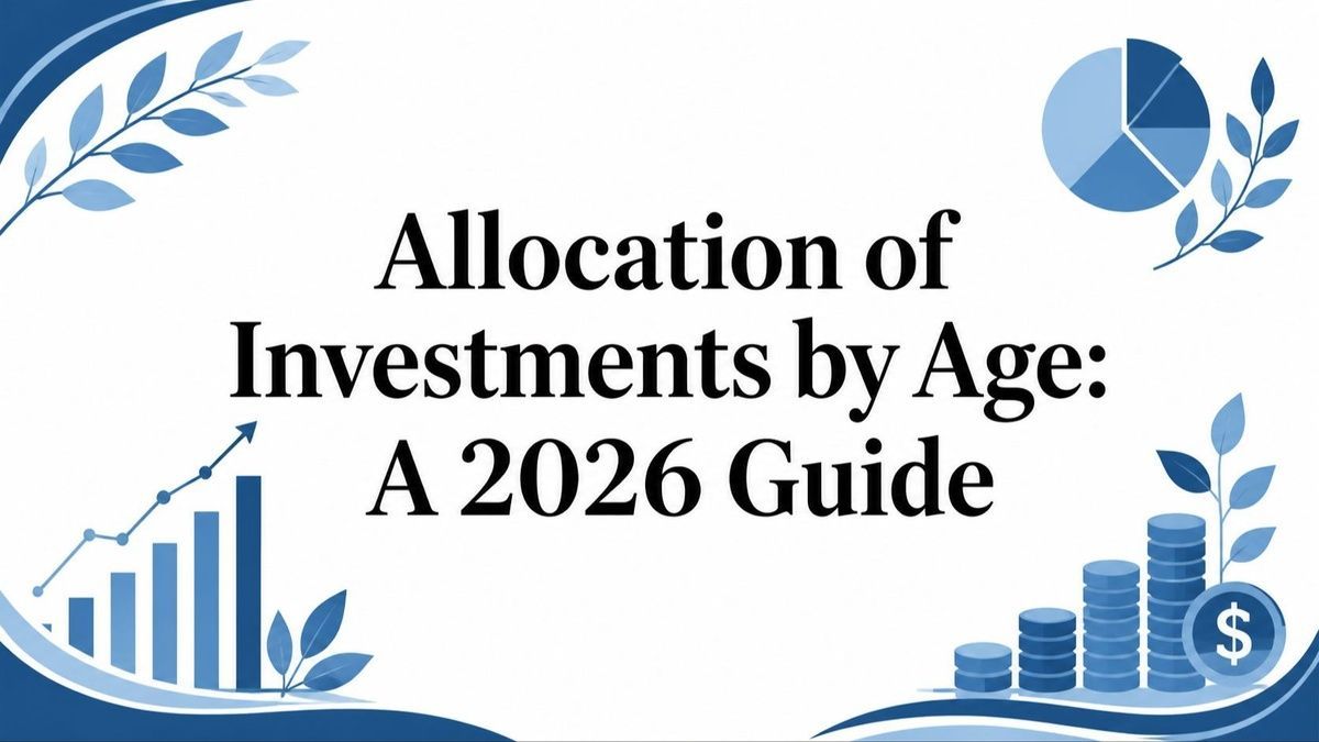 Title graphic: “Allocation of Investments by Age: A 2026 Guide” with blue charts, coins, and leaves