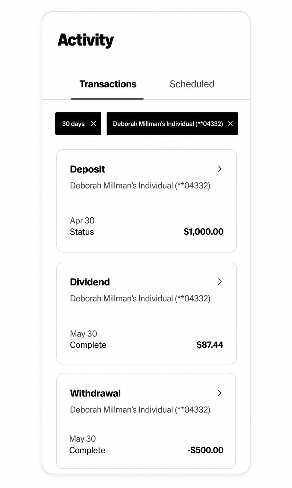 Activity screen showing transactions tab with deposit, dividend, and withdrawal entries.