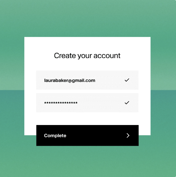 Account creation form on green background with email and password fields and a black Complete button