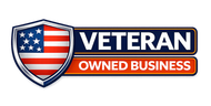 Veteran-owned business logo with an American flag shield and blue, red, and white text